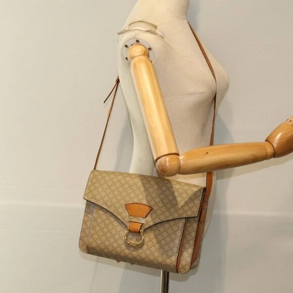 CELINE Macadam Canvas Shoulder Bag Beige Gold Auth - Picture 1 of 16